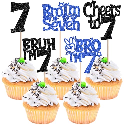 30 Stück Bro I'm 7 Tortendeko Glitzer Cheers to 7 Cupcake Toppers Bruh I'm 7 Kuchen Deko für Prost auf Sieben Jahre alt Geburtstag Party Kuchen Dekorationen Schwarz Blau
