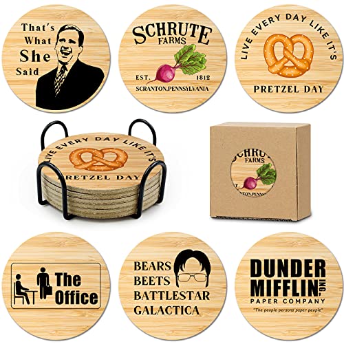 HSSPIRITZ 6 Stück The Office Korkuntersetzer für Getränke,Merchandise der TV Show The Office lustiges Set mit Untersetzerhalter,Dunder Mifflin Küchendekor,Untersetzer mit Michael Scott TV Thema