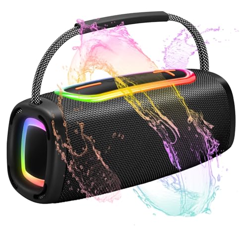 Tragbarer Bluetooth Lautsprecher mit Griff, 66MM Sprecherdurchmesser, BT5.4/60W/IP-X6 Wasserdicht Drahtloser Stereo-Kopplungslautsprecher mit RGB Multi-Color-Rhythmus-Lichter für Zuhause/Outdoor/Party