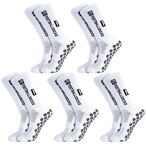 Apricitie 5 Paare Fußball Socken, 39-46 Fußballsocken Anti Rutsch Grip Fußball Socken Sportsocken für Herren Damen Fussball Basketball Laufen Weiß
