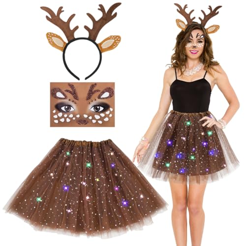 Rentier Kostüm Damen, Cosplay Kostüm Set für Halloween Fasching, Rentier Haarreif LED tüllrock, Tattoo Aufkleber Gesichtsaufkleber, Braun Tüllrock Damen, Tierkostüm Erwachsene, Faschingskostüme Damen
