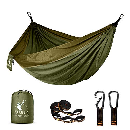 Fieleer Ultraleicht Reise Camping Hängematte Outdoor Hammock | Mit Premium Karabinern&2,5cm Breiten Schwerlastgurten mit 6 Schlingen | 275x140cm, 300kg Traglast, Fallschirm Nylon | Für Draußen Drinnen