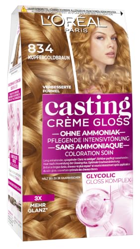 L'Oréal Paris Coloration ohne Ammoniak und Silikone, Pflegende Intensivtönung mit Glanz-Reflex-Balsam, Casting Crème Gloss Haarfarbe, Nr. 834 Kupfergoldblond, 1 Stück