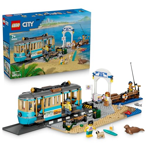 LEGO City Klassische Strandstraßenbahn Spielzeug - Modellbau mit Schienenstrecke, Straßenszene, 5 Minifiguren und 5 Tierfiguren - Geburtstagsgeschenk für Jungen ab 7 Jahren - 60506