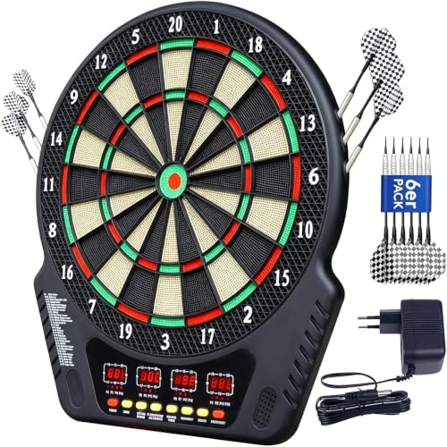 Elektronische Dartscheibe Profi-Set mit 27 Spielen&243 Varianten Auto-Score | Dartscheibe Elektronisch mit 4 LED-Anzeigen, 6 Darts, Netz-& Batteriebetrieb, Sprachausgabe für Hauspartys, Bar, 1-16 Spieler