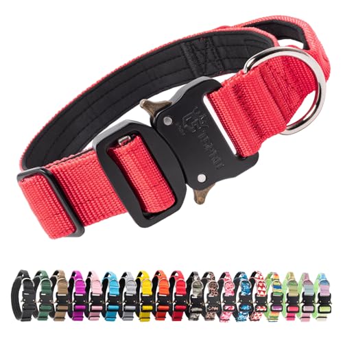 TSPRO Premium Hundehalsband mit Griff Dickes Verstellbares Taktisches Hundehalsband Schwere Ausführung Schnellverschluss Metallschnalle für Mittelgroße bis Große Hunde (Rot M)