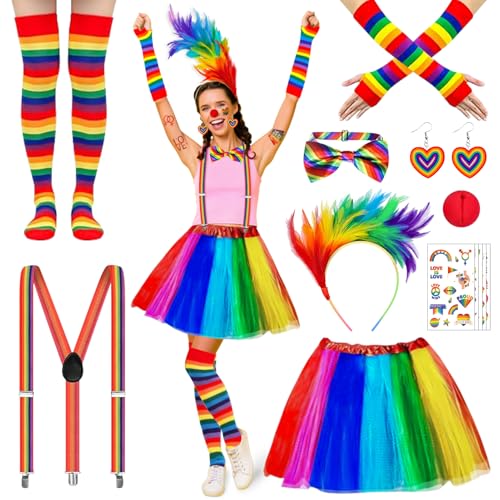 9er Regenbogen Kostüm Damen, Clown Kostüm Damen, Karneval Kostüm d-amen, Regenbogen Tüllrock mit Feder Haarreif, Ohrringe, Tattoo Aufkleber, Fliege, Kniestrümpfen & Accessoires für Karneval und Partys