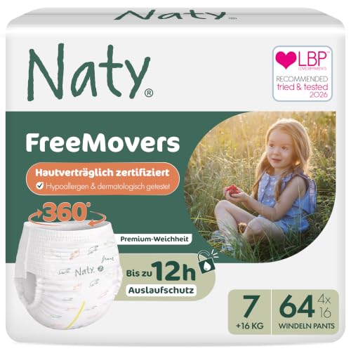 Naty FreeMovers Baby Pants Höschenwindeln, Größe 7 (16+ kg), 64 Stück