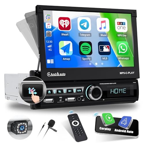 CAMECHO Autoradio 1 Din Navi mit Wireless Carplay & Android Auto, 7 Zoll Motorisch Ausfahrbarem Bildschirm Touch Display Auto Radio mit Mirror Link Bluetooth FM EQ USB AUX SWC Rückfahrkamera+MIC