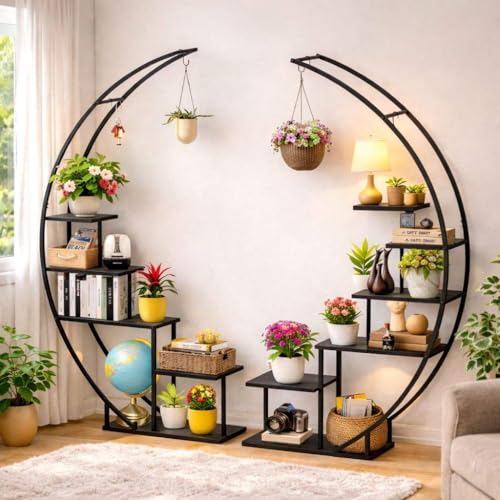 DanDiBo Blumenregal Indoor 170 cm Hoch Metall Schwarz Rund 96586 Blumentreppe Groß Halbrund Pflanzenständer Modern Design