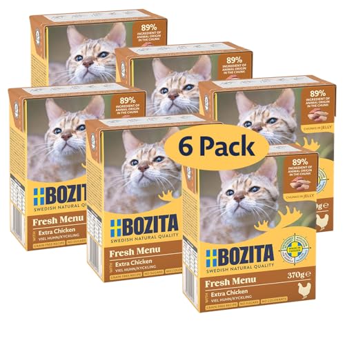 Bozita Tetra Häppchen in Gelee mit Huhn - 6x370g Getreide- & zuckerfreies Premium-Katzenfutter, ohne Gentechnik, mit 7,5% Protein und 5% Fettgehalt - appetitliches Nassfutter für Feinschmecker