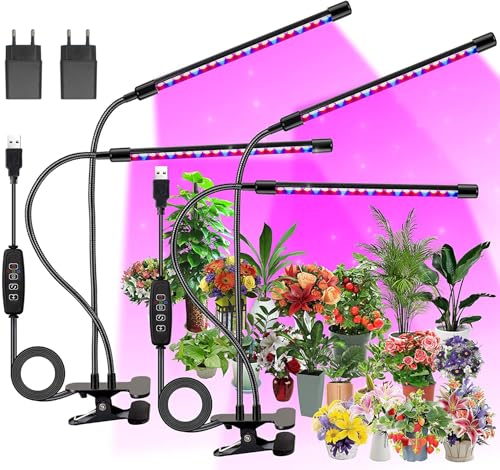 FECiDA 2-Pack 2-Head Pflanzenlampe LED, Vollspektrum Wachstumslampen für Pflanzen, 460nm/660nm/3000K Pflanzenlicht für Zimmerpflanzen, Pflanzenleuchte mit 5 Stufen Dimmbar, 3/6/12H Auto Timer