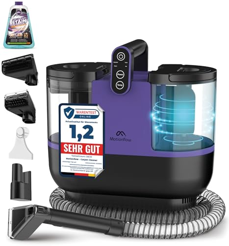 Motionflow Teppichreiniger Waschsauger mit Heizfunktion - 1200W Polsterreiniger Gerät für Teppiche, Polstermöbel, Autositze uvm. Nasssauger mit 4 Bürstenaufsätzen, Selbstreinigung, 15s Aufheiz-Zeit