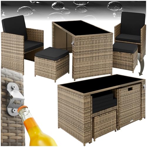 tectake Poly Rattan Sitzgruppe, 5- teiliges Lounge Gartenmöbel Set mit Tisch, Sessel & Hocker, Essgruppe für bis zu 4 Personen, Garten und Balkon Möbel inkl. Polster - Natur