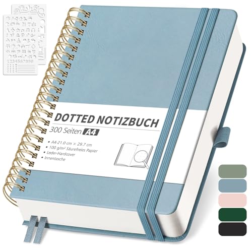RETTACY Notizbuch A4 Dotted, Bullet Dot Journal mit 100 g/m² Dickem Papier, 150 Blatt, Notebook für Büro und Schule, Lederhülle, Grau-Blau, 21 cm x 29.7 cm