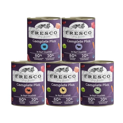 FRESCO Dog Nassbarf Complete Plus PROBIERPAKET 5x800g I fleischiges Nassfutter für Hunde in Barf Qualität I aus 100% frischem Fleisch, Innereien, Obst und Gemüse | Hundefutter ohne künstliche Zusätze