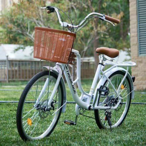 KernGut Women City Bike 24/26Zoll mit Korb,7-Gang Damenfahrad mit Tassenhalter und Reflektoren,Doppelscheibenbremse,Gepäckträger,Verstellbaren Armlehnen und Sitz,Komfort Vintage Fahrra (Weiß, 24 Zoll)