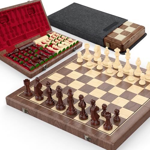 Premium 38 cm Walnuss Magnetisches Schach- und Dame-Set – 2-in-1 Faltbares Holzbrettspiel mit Staunton Figuren, 2 Extra Damen, Spielsteinen und Staubschutzbeutel (Red)