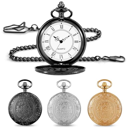 BYZESTY Vintage Taschenuhr, 3 Stück Taschenuhr Mit Kette, Retro Quarz Taschenuhr, Antik Kettenuhr Mit Römischen, Taschenuhr Retro Für Männer Frauen Opa Vater Geburtstag Jahrestag (Weiß+schwarz+Gold)