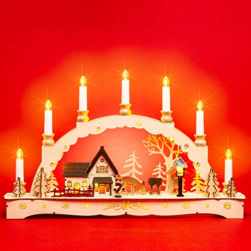 SIKORA LB50 beleuchteter LED Holz Schwibbogen WALDHAUS mit geschnitzten Rehen inklusive Trafo