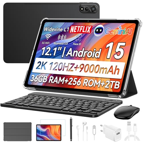 Blackview Mega2 Android 15 Tablet 12 Zoll, 36GB RAM+256GB ROM, 2K FHD Gaming Tablet mit Tastatur Maus Stift Kopfhörer, 4G LTE+5G WiFi, 9000 mAh, WideVine L1, Dual Kamera, Face ID, GPS, Hülle