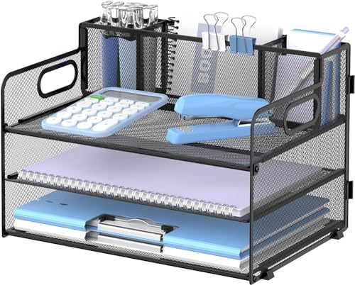 Suptidy Schreibtisch-Organizer mit 3 Etagen, mit Griff und 3 Stifthaltern, Netz-Papier-/Akten-Organizer für den Schreibtisch, Papier-Briefablage für Bürobedarf, Schwarz