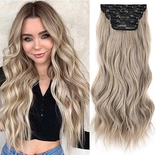 Xtrend 20Inch Ash Blonde Clip in Hair Extensions Synthetic Hair pieces for Women Girls 4PCS Full Head Set Thick hair extensions clip in(88H86)…