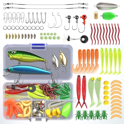 100 Pcs Angeln Köder Set mit Köderbox für Hecht,Zander,Forelle,Barsch,Angelzubehör Gemischt Kunstköder,Gummifische,Spinner,Popper,Jigheads für Süß- & Salzwasser Fischen
