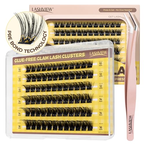 LASHVIEW Self Adhesive Lashes Clusters Eyelashes,Press-on Lashes 10-16mm Individual Lash Extension Kit with Lash Tweezers,No Glue Needed Natural Self Adhesive DIY Eyelash Extension Kit (F23)
