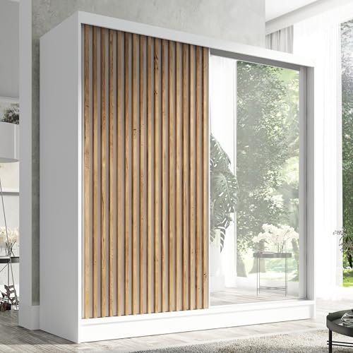 A&J MöbelLand Schwebetürenschrank LINA Kleiderschrank 200 cm mit Spiegel, 3 Schubladen & 3D-Lamellen (Weiß)