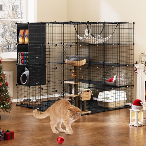 YITAHOME Großer Katzenkäfig mit Aufbewahrungswürfel DIY Indoor Katzengehege Metall-Katzenlaufstall mit großer Hängematte für 1–4 Katzen, 4-stöckige Katzenhütte für Katzen, Schwarz 140 x 140 x 140 cm