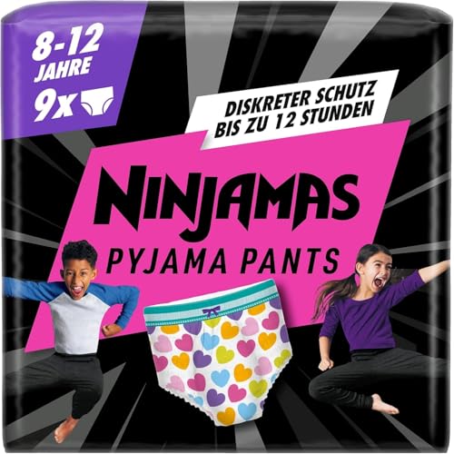 Ninjamas Pyjama Pants Herzen, 9 absorbierende Nachthöschen, 8 Jahre, 27kg-43kg, Auslaufschutz für die ganze Nacht