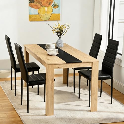ZZINOKE Essgruppe mit 1 Tisch und 4 Stühlen, Rechteckig Esstisch 110CM und 4 Esszimmerstühle, geeignet für Esszimmer, Küche, Wohnzimmer, Esstisch:110x70x75cm, Stuhl:40 x 39 x 98cm, Braun + Schwarz