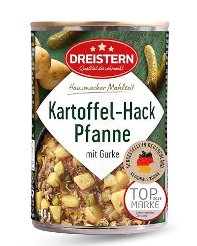 DREISTERN Kartoffelpfanne 400g I Mit Gehacktem & Gurke I Herzhaftes Fertiggericht in recyclebarer Konservendose I Lange Haltbarkeit dank natürlicher Konservierung I Hausmacher Qualität