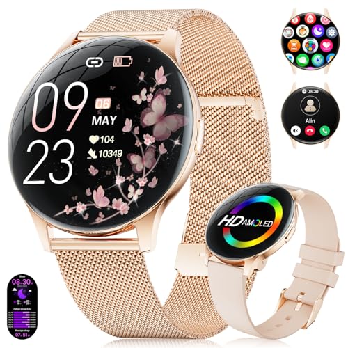 Smartwatch Damen 2026 mit Anrufen - 7,99 mm Ultra-Dünne Elegante Fitness Armbanduhr mit 1,43 Zoll HD Always-On Display, IP68 Wasserdicht, 100+ Sportmodi, Frauengesundheit für iOS Android, Roségold