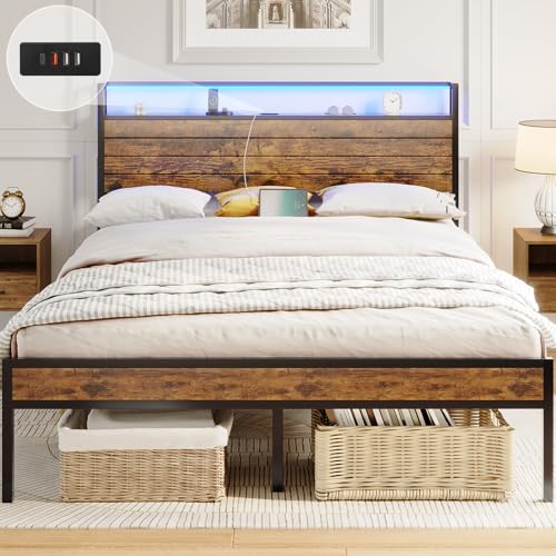 Bett 140x200 mit Steckdose Metallbett 140x200 mit 3 USB-Anschlüssen und LED Beleuchtung Bettgestell aus Metall mit Kopfteil Doppelbett mit Stauraum Jugendbett Bettrahmen mit Lattenrost(140x200cm)