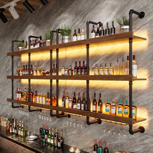 Weinregal Wand Mit LED-Licht & Glashalter Weinregal für Die Wand aus Metall & Massivholz 3-stöckig Weinhalter Metall Hängend Aufbewahrungsregal Ideal für Bars,Weinkeller,Küche,Restaurants 25*120*120CM