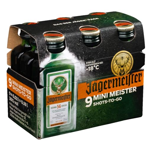 Jägermeister – 9 x 0,02 l Mini Meister Shots Premium Kräuterlikör 35% Vol. – 56 erlesene Kräuter – Kalt mazeriertes Elixier – Im Eichenfass gelagert – Das Original aus Wolfenbüttel