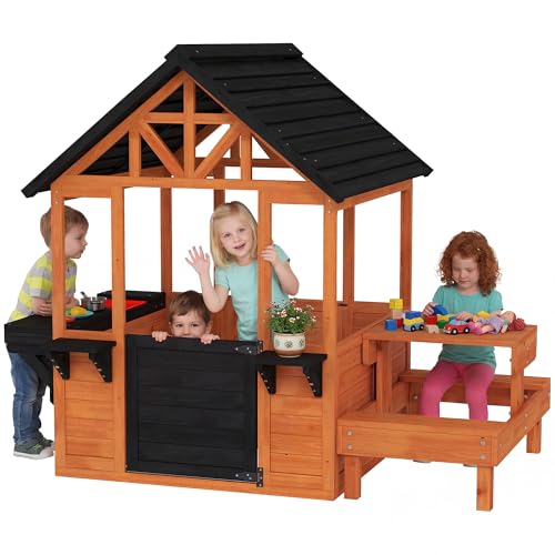 AIYAPLAY Spielhaus Outdoor Kinderspielhaus aus Holz mit Tisch Bank Spülstation Fenster Tür Blumenkastenhalter Gartenhaus für Jungen und Mädchen 3-8 Jahre für Outdoor & Indoor Hellbraun