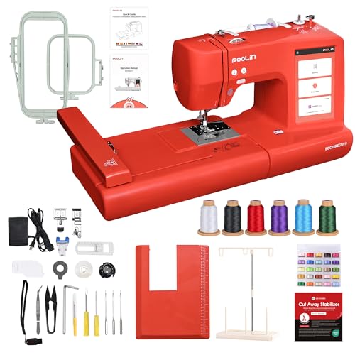 PooLin EOC05 2-in-1 Näh- und Stickmaschine – Rot – Elektronische Stickmaschine – 7 Zoll LCD-Touchscreen, Rahmen 10 × 10 cm und 10 × 23,5 cm, Import von USB/WLAN-Mustern, ideal für Anfänger und