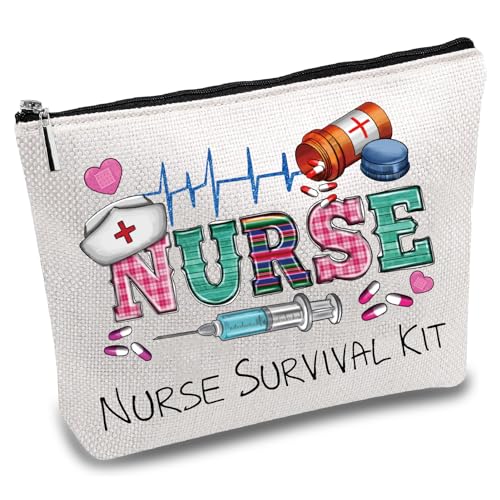 CREATCABIN Krankenschwester-Schminktasche-Überlebenskit-Tasche-Geschenk Für Frauen,Canvas-Kosmetiktasche,Mehrzweck-Stifteetui,Reißverschlusstaschen,Kulturbeutel,Reisetasche,Geldbörse Studentin,25x18cm