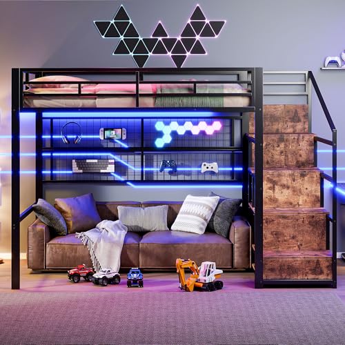 Lcoho Hochbett,(140 x 200cm), Eisenrahmen, Kleiderschrank, Stauraumleiter, Gitter zum Aufhängen von Gegenständen, Freifläche unter dem Bett, 7-farbige LED-Leuchten, ohne Matratze, Schwarz