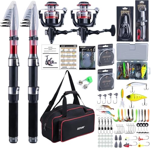 Goture Angelset mit 2 Teleskop-Angelruten, 1,8m Angelrute Set Komplett 2 5.2:1 Spinnrolle, Angelzange, Köderbox & Tragetasche – für Salz-/Süßwasser, Reisen–Angelgeschenk