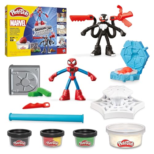Play-Doh Marvel Spider-Man Netz-Action Set, 2 Spielfiguren und vielen Knetformen, 4 Dosen Modelliermasse in passenden Farben, kreatives für Kinder ab 3 Jahren