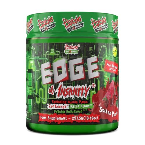 PWO Psycho Pharma Edge of Insanity Most Intense Pre-Workout Powder Booster for Focus, Strength and Energy, Strong Effect, Premium Formula and Ingredients (Spiked Punch)