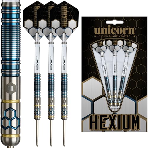 Unicorn Hexium Style 2 | 90% Tungsten Blue Parrallel Barrels with Gold Rings | Steel Tip Darts Set | Durable Stunning Ultrafly Flights | Nickel Volute Points | 23g