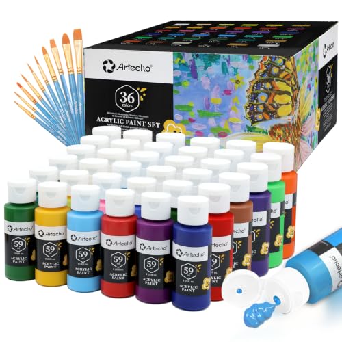 Artecho Acrylfarben Set 36 x 59ml mit 10-teiligem Pinsel, Acrylfarben Wasserfest und Lichtecht, Ungiftig, Acrylic Paint Set, Ideal für Leinwand, Papier und Stoffe, Geeignet für Anfänger und Profis