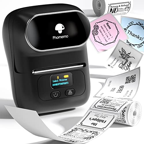 Phomemo M110 Etikettendrucker, Thermo Bluetooth Etikettendrucker Selbstklebend, Tragbarer Label Printerfür Barcode, Einzelhandel, Büro, Schule, Kompatibel mit Telefonen und PC-System, Schwarz