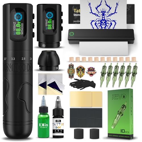INKin Tattoo Maschine Set, Kabelloser Tätowiermaschine mit 2.0-4.2mm Hublänge und 1600mAh Batterien, Tattoo Zubehör Set Komplett mit Tattoo Drucker Bluetooth,Stencil Stuff,Tattoo Farbe und Nadeln