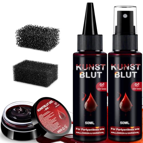 Kunstblut Halloween Fake Blood 3er Set - 50ml Kunstblut Spray + 50ml Tropfendes Blut + 50g Geronnenes Blutplasma, Abwaschbar Fake Blut Halloween Schminke für SFX Make Up Zombies Vampire Cosplay